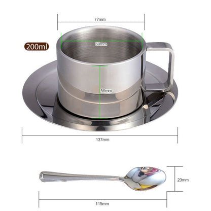 304 Stainless Steel 3 In 1 Double Layer Coffee Cup With Dish and Spoon Heat Insulation and Anti-Scald Milk Tea Mug