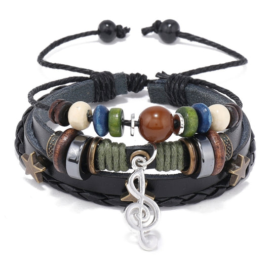 Simple Multi-Layer Beaded Leather Bracelet Personalized Musical Note Charm Bracelet