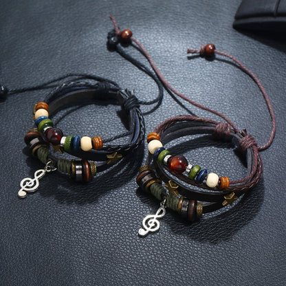 Simple Multi-Layer Beaded Leather Bracelet Personalized Musical Note Charm Bracelet