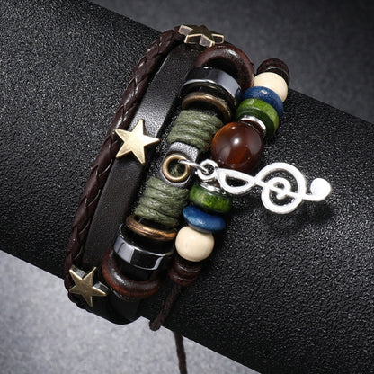 Simple Multi-Layer Beaded Leather Bracelet Personalized Musical Note Charm Bracelet