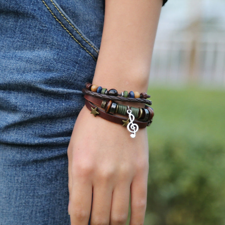 Simple Multi-Layer Beaded Leather Bracelet Personalized Musical Note Charm Bracelet