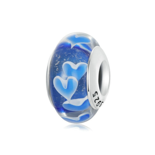 S925 Sterling Silver Heart Pattern Blue Glass DIY Beads