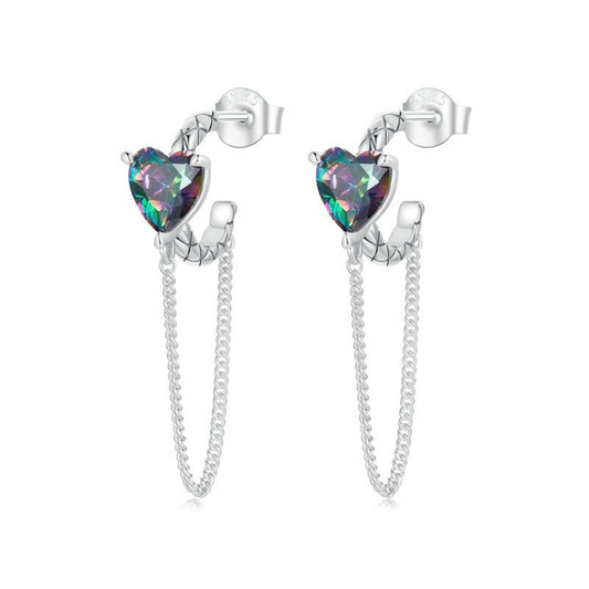 S925 Sterling Silver Platinum-plated Heart-shaped Long Tassel Earrings