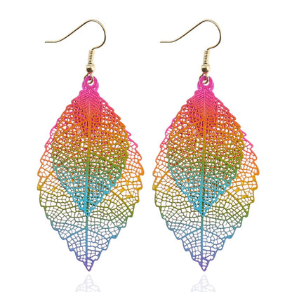 Double-layered Leaves Tassel Earrings Simple Retro Metal Leaf-ears Ornaments, Gold Black, Gold Silver, Blue, Colorful, Pink, Black Purple, Royalblue Yellow, White Black, Green Yellow, Red Black