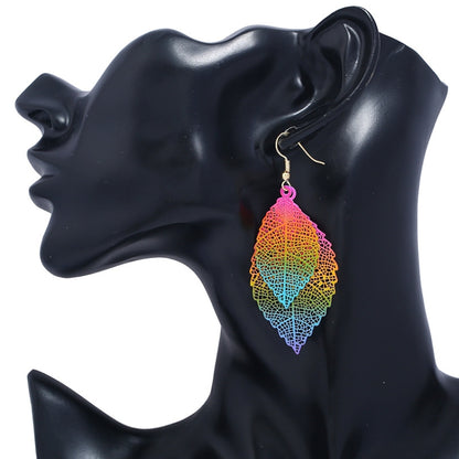 Double-layered Leaves Tassel Earrings Simple Retro Metal Leaf-ears Ornaments, Gold Black, Gold Silver, Blue, Colorful, Pink, Black Purple, Royalblue Yellow, White Black, Green Yellow, Red Black