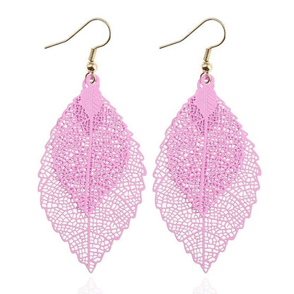 Double-layered Leaves Tassel Earrings Simple Retro Metal Leaf-ears Ornaments, Gold Black, Gold Silver, Blue, Colorful, Pink, Black Purple, Royalblue Yellow, White Black, Green Yellow, Red Black