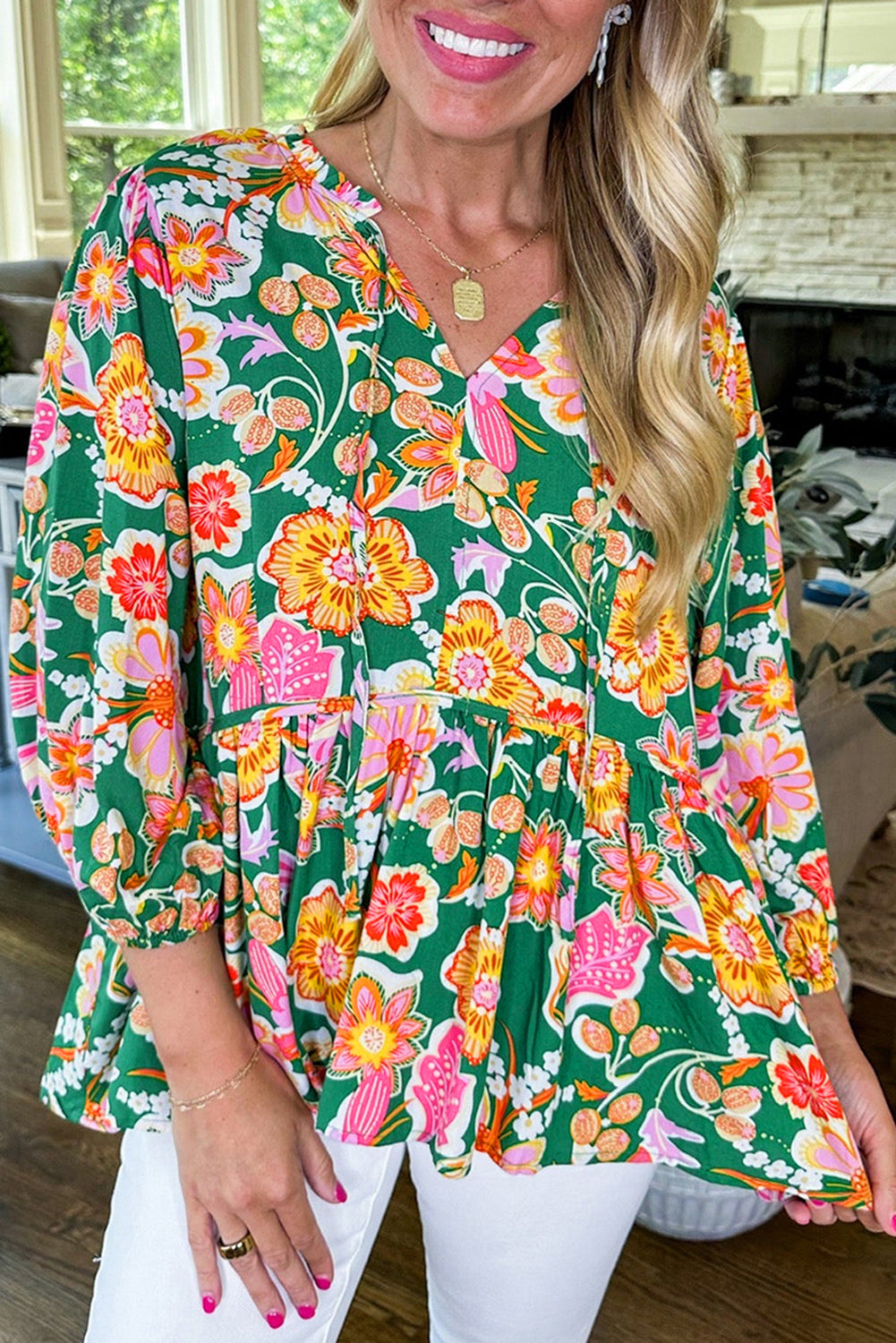 Green Floral Puff Sleeve V Neck Peplum Blouse