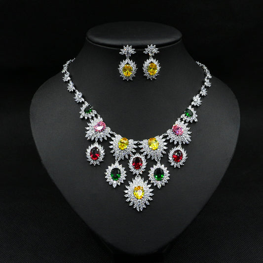 Colorful Zircon Bridal Jewelry Set Earrings and Necklace Wedding Jewelry