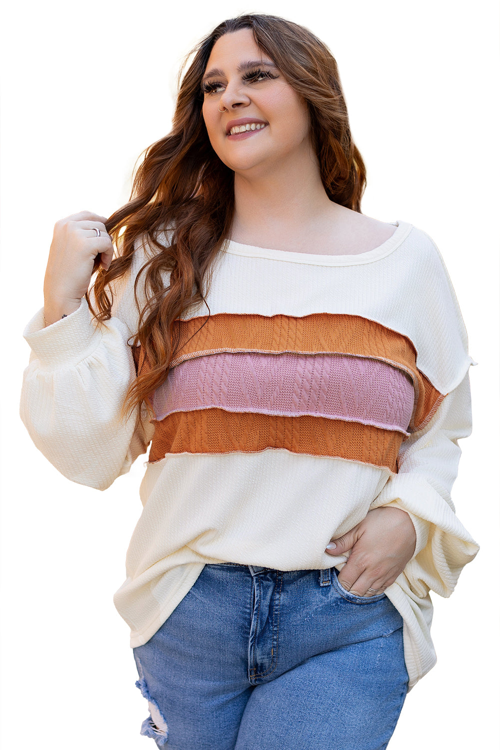 White Corded Exposed Seam Knit Patchwork Drop Sleeve Top