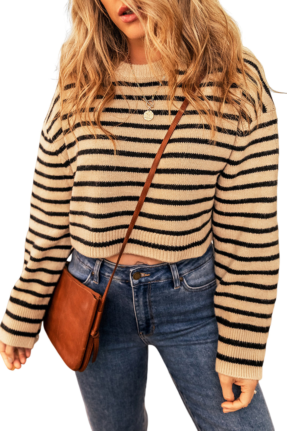 Light French Beige Striped Knit Drop Shoulder Crewneck Cropped Sweater