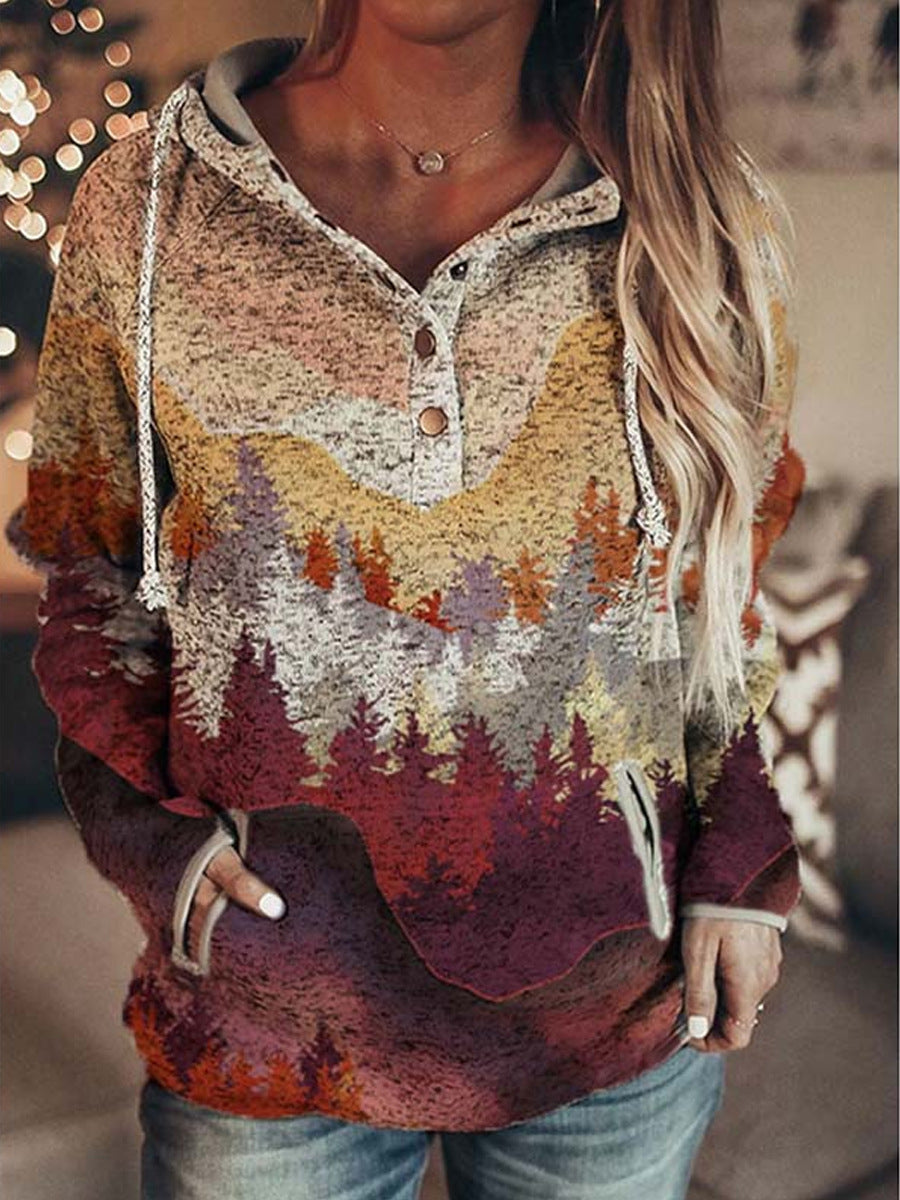 Retro Animal Nature Abstract Printing Brown Button Hoodie