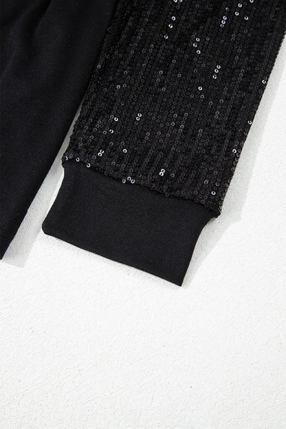 Black Sequin Contrast Long Sleeve Plus Size Top