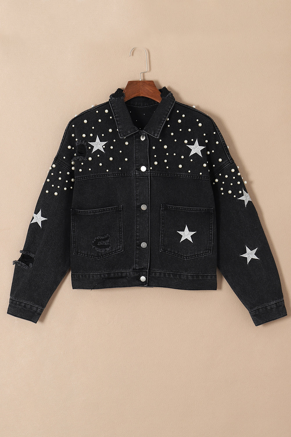 Black Distressed Pearls Star Cropped Denim Jacket