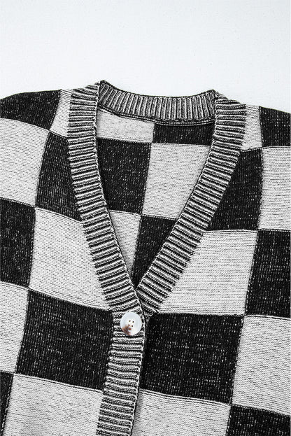 Black Checkered Drop Shoulder Buttoned V Neck Cardigan