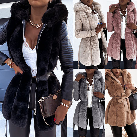 Fashionable Fur-Belted Hooded Zipper Jacket for Women