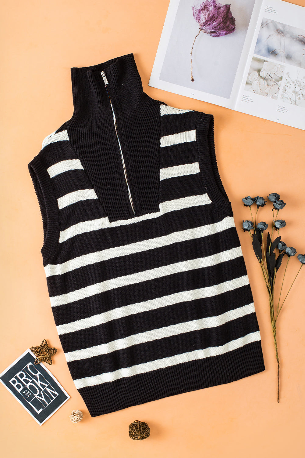 Black Stripe Zipped Collar Knit Sweater Tank