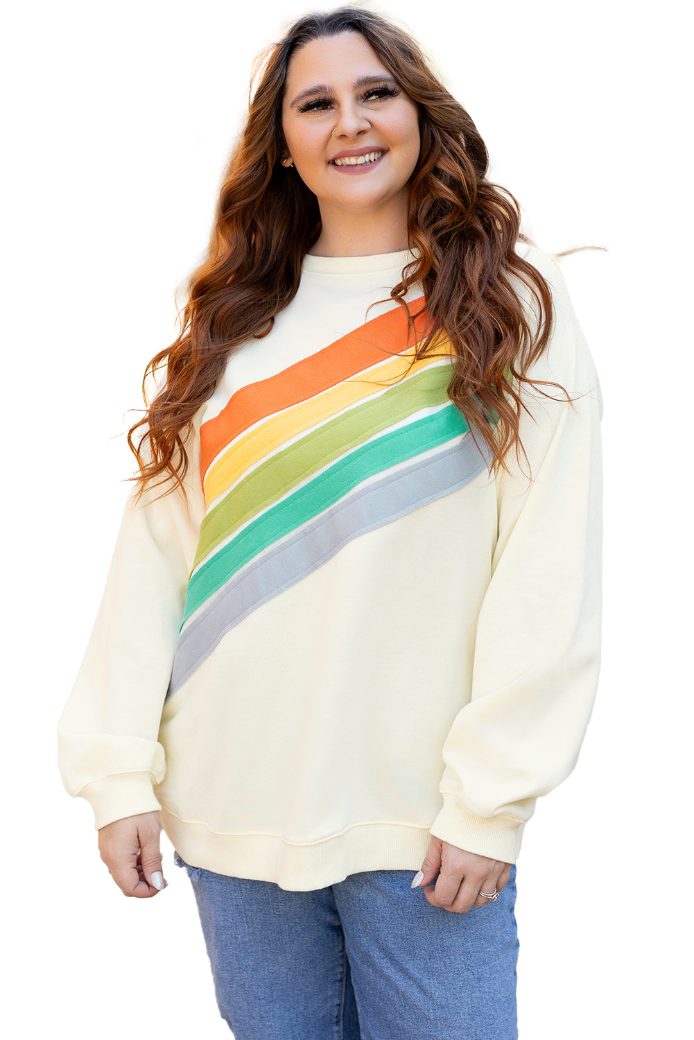 white Rainbow Raglan Sleeve Crew Neck Plus Size Sweatshirt