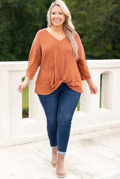 Gold Flame Plus Size Twist Hem Bracelet Sleeve Ribbed Top