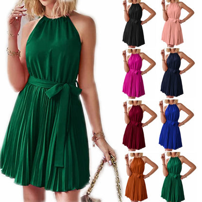 Halter Strapless Dresses for Women Solid Pleated Skirt Summer Beach Sundress