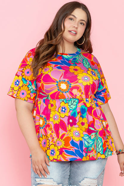 Pink Floral Print Short Sleeve Plus Size Babydoll Blouse