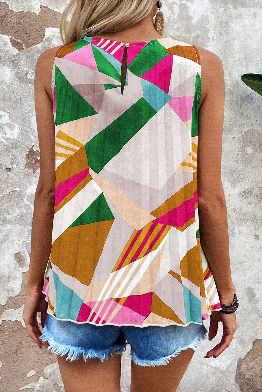 Multicolour Geometric Printed Pleated Shift Tank Top