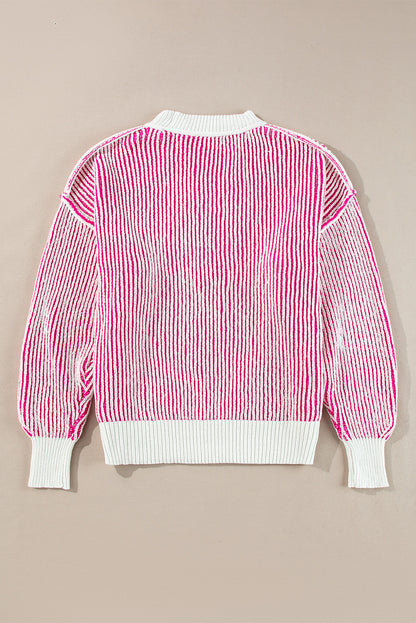 Bright Pink Striped Textured Knit Contrast Edge Loose Sweater