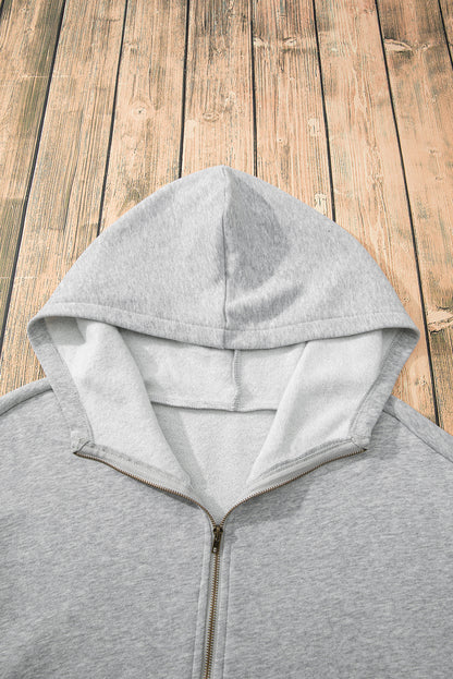 Light Grey Fleece Lined Half Zipper Kangaroo Pockets Loose Hoodie