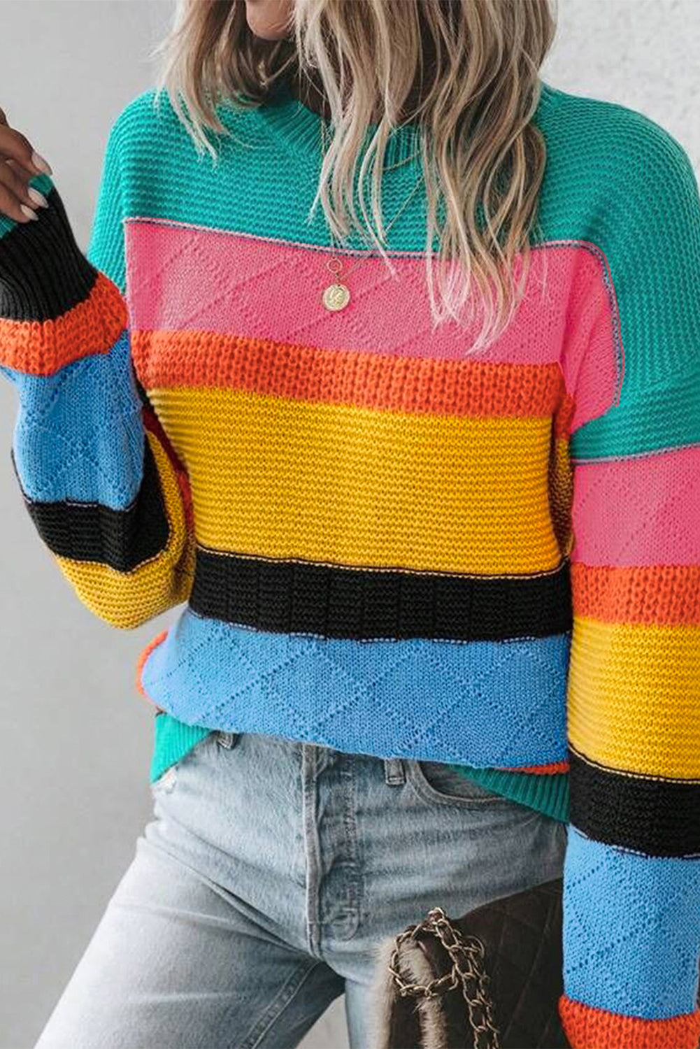 Yellow Colorblock Mixed Textured Drop Shoulder Sweater