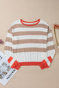 Apricot Colorblock Striped Round Neck Drop Shoulder Sweater