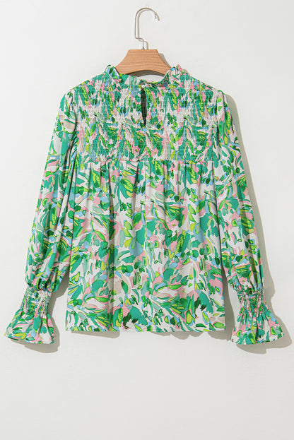 Green Leafy Printed Flounce Sleeve Shirred Mock Neck Blouse