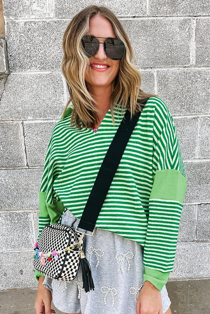 Green Stripe Turn-Down V Neck Patchwork Loose Top