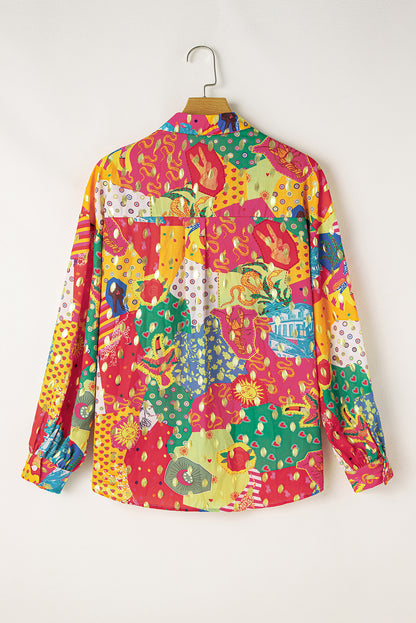 Rose Red Colorblock Abstract Print Button up Loose Shirt