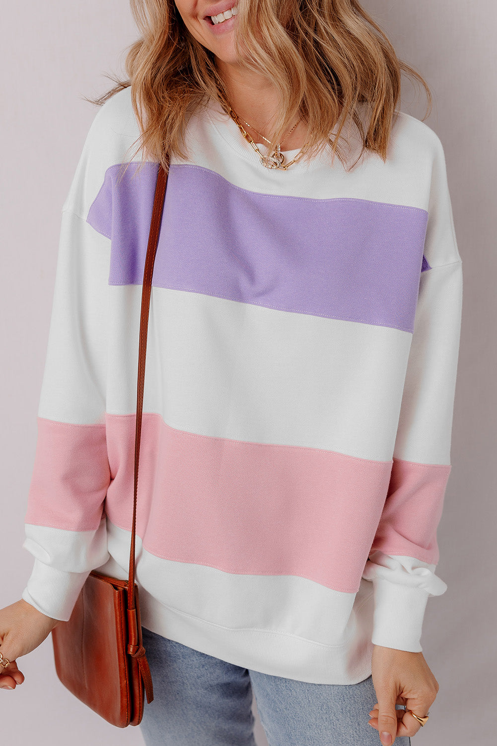 Beige Colorblock Patchwork Drop Shoulder Crewneck Sweatshirt