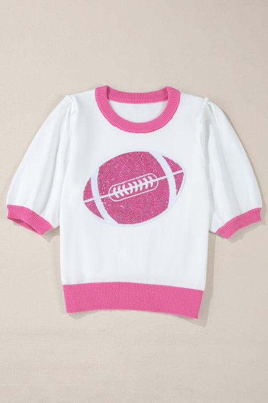 Pink Sequin Rugby Color Block Puff Short Sleeve Sweater