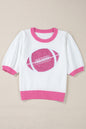 Pink Sequin Rugby Color Block Puff Short Sleeve Sweater