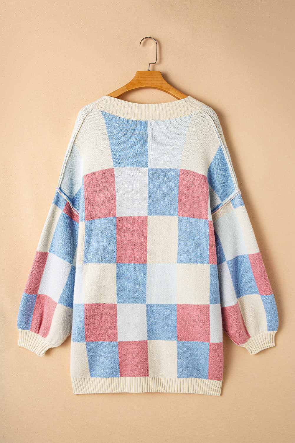 Light Blue Checkered Drop Shoulder Exposed Seam Open Front Cardigan