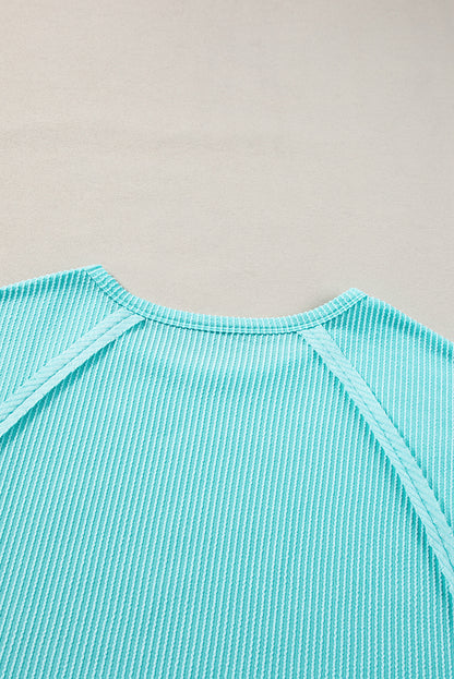 Light Blue Ribbed Exposed Seam Casual Plus Size T Shirt