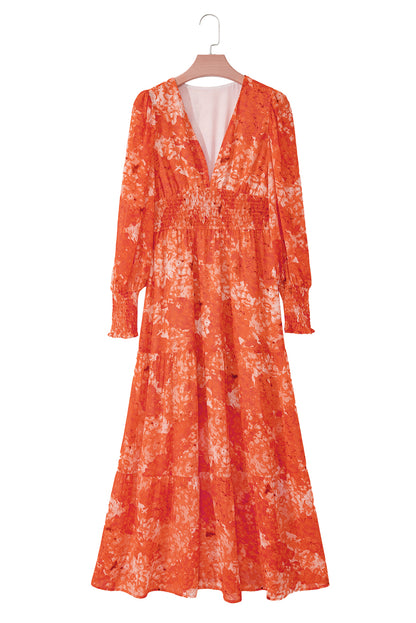 Orange Boho Floral Bishop Sleeve V Neck Tiered Maxi Dress