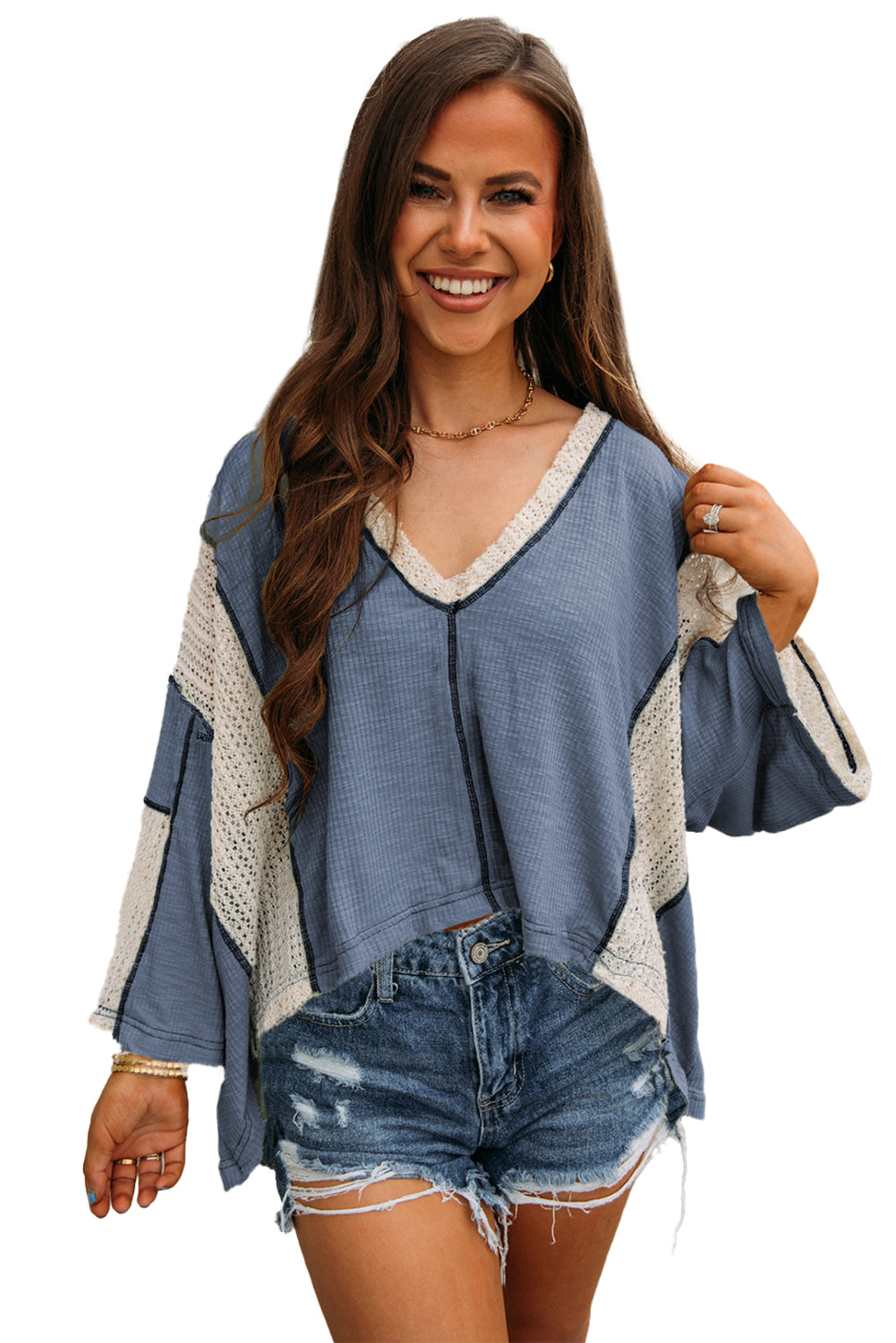 Ashleigh Blue Crochet Detail Exposed Seam High Low Loose Top