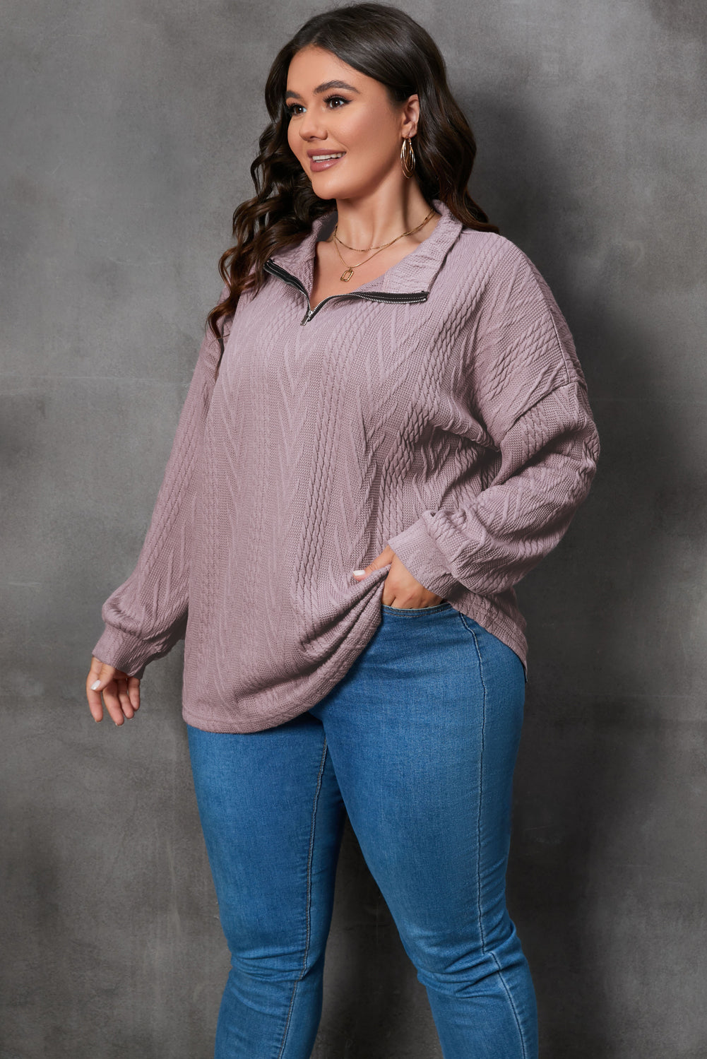 Plus Size Textured Knit Zip Neck Pullover