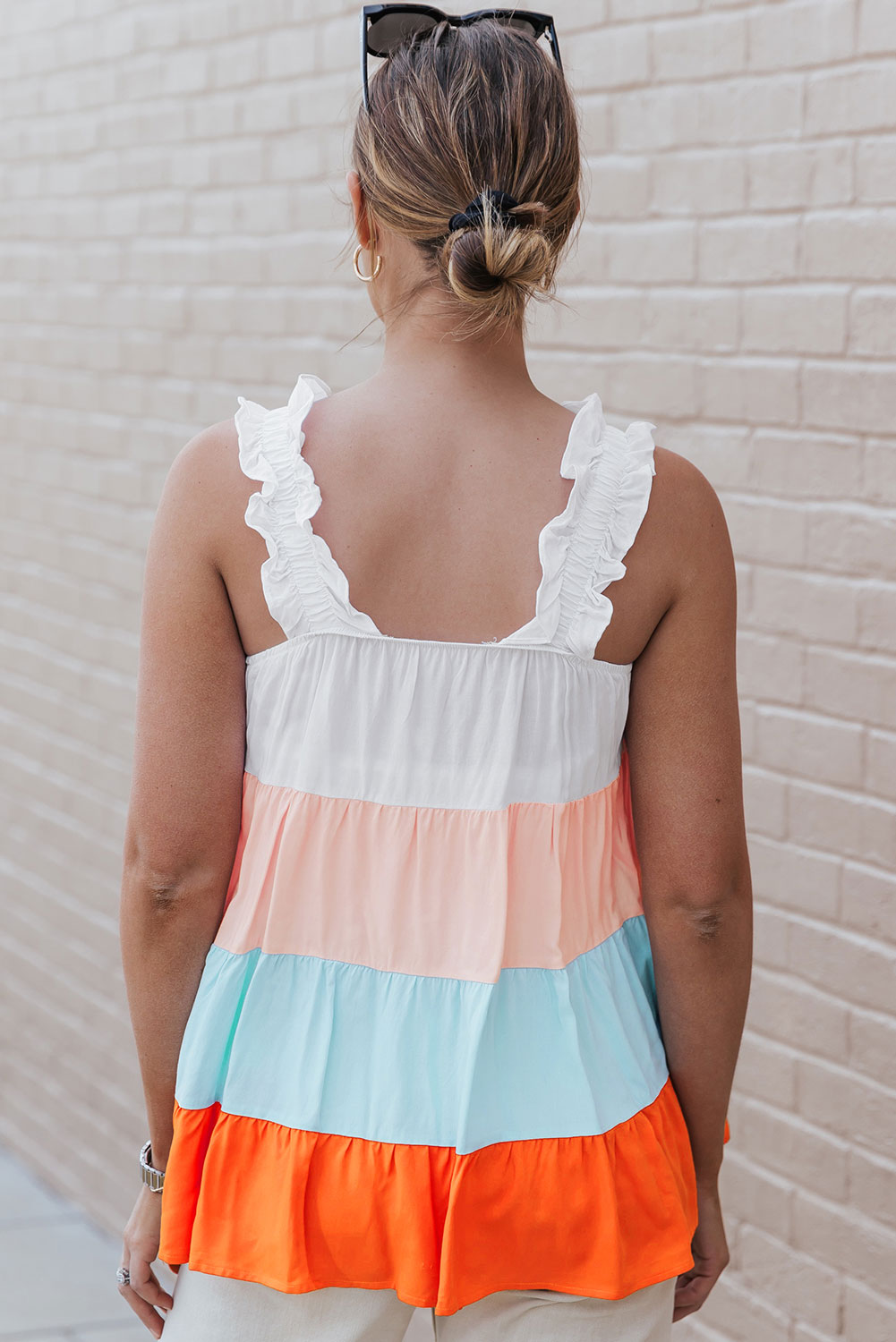 White Frill Straps Color Block Tiered Tank Top