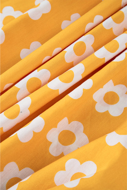 Yellow Flower Print Bracelet Sleeve Buttons Collared Maxi Dress