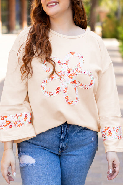 Beige Plus Size Flower Patched Side Slits Crewneck Top