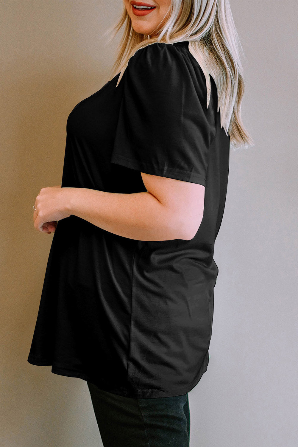 Black Plus Size Square Neck Ruched Shoulder Short Sleeve Top