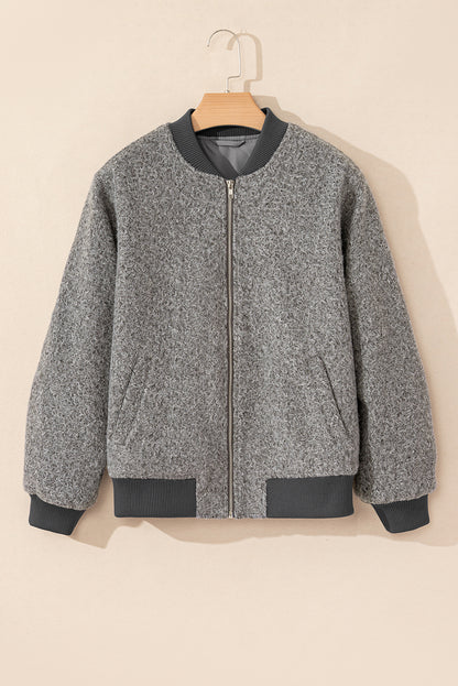 Medium Grey Fuzzy Zip Up Pocketed Sleeve Jacket