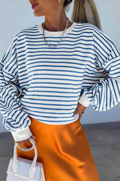 Blue Stripe Drop Shoulder Crew Neck Loose Sweatshirt