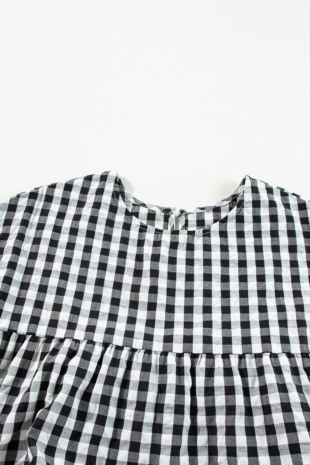 Black Checkered Puff Sleeve Tiered Loose Babydoll Blouse