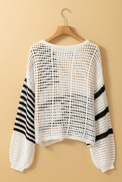 White Stripe Hollow-out Openwork Knit Puff Sleeve Sweater