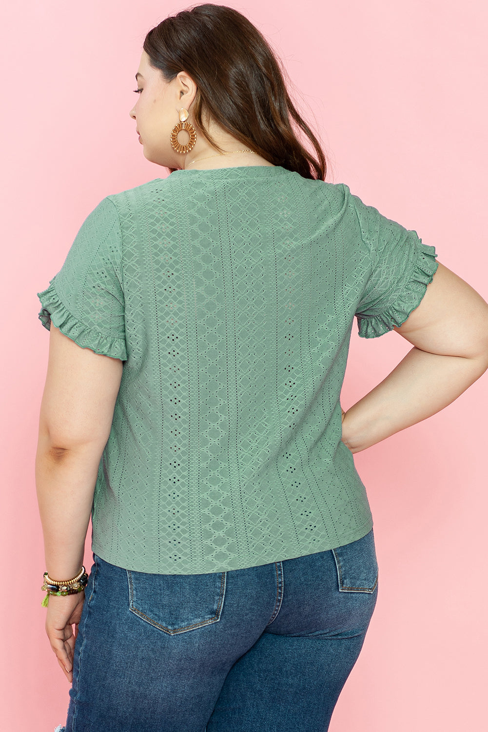 Laurel Green Petal Sleeve Jacquard V Neck Curvy Blouse