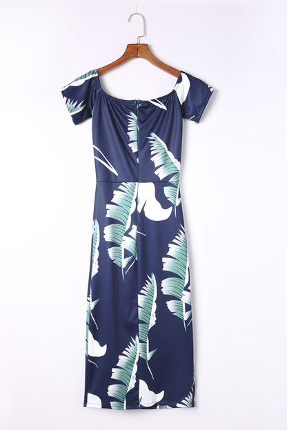 Blue Pattern Print Off Shoulder Slit Bodycon Midi Dress